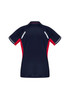 A navy and red women's polo shirt featuring a sporty design and logo on the back.
