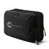 A black packing cube with a mesh side, featuring a logo. Designed for efficient organisation of belongings.