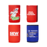 Four stubby holders in red and blue with graphic designs and logos. Each holder features a different design.