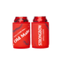 A red stubby holder featuring logos, designed to fit standard drink cans securely.