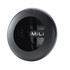 A round black tracking tag with a glossy finish and a logo, featuring a smooth surface.