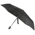 A black tipless umbrella with a sleek design, featuring a handle and a minimalist look. It has a branding logo.