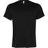 A black t-shirt with short sleeves and a round neckline, featuring a logo on the label.