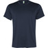 A navy blue t-shirt with a round neckline and short sleeves, featuring a logo on the tag.