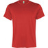 A plain red t-shirt with short sleeves and a classic crew neck design. It features a label at the collar.