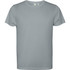 A grey t-shirt with short sleeves and a simple design, featuring a logo on the front.
