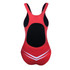 A red swimming one-piece with a black interior and white detailing, featuring a sporty design and a logo.