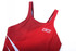 A red one-piece swimming costume with a sporty design and a logo on the front.