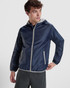 A navy windbreaker jacket with a grey hood, featuring zippered pockets and a front zipper, with a logo.