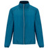 A lightweight windbreaker jacket in teal, featuring long sleeves and a zip front. It has a logo on it.