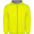 A bright yellow windbreaker jacket featuring a front zip and side pockets, with a grey lining and reflective detailing.