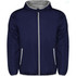 A navy blue windbreaker jacket featuring a grey lining and side pockets, with a hood and a logo.