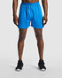 Blue sports shorts with an elastic waistband, featuring a logo on the side, displayed on a model.