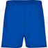 Blue sports shorts with an elastic waistband and side pockets, featuring a logo on the waistband.