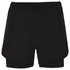 Black sports shorts featuring a layered design and an inner lining. The shorts also have a logo.