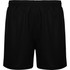 A pair of black sports shorts with an elastic waistband and a simple design, featuring a logo.