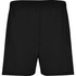 Black sports shorts featuring an elastic waistband and a simple design, with a logo on the waistband.