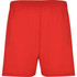 Red sports shorts featuring an elastic waistband and a logo on the front. Suitable for athletic activities.