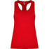 A red tank top with a racerback design, featuring a branding logo on the inside label.