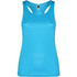 A blue tank top with a sleek design and a logo on the label. It features wide shoulder straps.