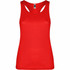 A red tank top with a sleeveless design and a logo on the label.