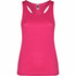 A bright pink tank top with a sporty design and a logo on the tag.
