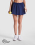 A navy skort featuring a comfortable waistband, suitable for sports or casual wear, displayed on a model holding a tennis ball.