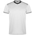 A white sports uniform t-shirt with black accents and a V-neck design. It features a logo on the front.