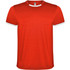 A red sports t-shirt with white accents, featuring a logo on the neckline. Suitable for various sports activities.