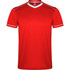 A red sports uniform shirt with a V-neck and white trim, featuring a logo on the neckline.