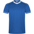 A blue sports uniform top with white accents and a V-neck design, featuring a logo.