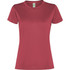 A red women's T-shirt with a round neck and short sleeves, featuring a logo on the label.