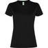 A black women's T-shirt with a crew neckline and short sleeves. It features a logo on the label.