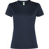 A navy women's t-shirt with a fitted design and short sleeves. It features a logo on the label.
