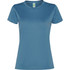 A women's T-shirt in blue, featuring a classic crew neck and short sleeves. It has a logo on the label.