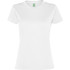 A white women's t-shirt with a classic fit and a logo on the label.
