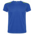 A blue T-shirt with green accents and a logo, designed with short sleeves and a crew neckline.