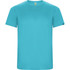 A solid turquoise T-shirt featuring short sleeves and a round neckline. The shirt has a small logo on the side.