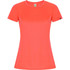 A coral women's T-shirt with a slim fit and short sleeves, featuring a small logo on the sleeve.
