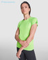 A bright green women's T-shirt with a fitted style and rolled sleeves, featuring a small logo.