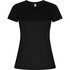 A black women's T-shirt with short sleeves, featuring a logo on the sleeve.