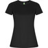 A black women's T-shirt with short sleeves and a fitted silhouette, featuring a branding logo.