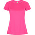 A pink women's T-shirt with a fitted design and short sleeves, featuring a small logo on one side.