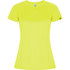 A women's T-shirt in bright lime green, featuring short sleeves and a fitted style. It has a logo on one side.