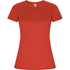 A red women's T-shirt with short sleeves and a fitted design. Features a logo on the sleeve.