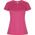 A pink women's T-shirt with a round neckline and short sleeves. It has a simple design and a branded logo.