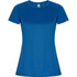A blue women's T-shirt with short sleeves and a fitted design, featuring a logo on one side.