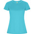 A women's T-shirt in a vibrant aqua blue colour, featuring a fitted design and a logo on the sleeve.