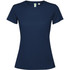 A navy blue women's T-shirt with short sleeves and a fitted design, featuring a logo on the label.