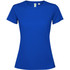 A blue women's T-shirt with a round neck and short sleeves, featuring a logo on the label.
